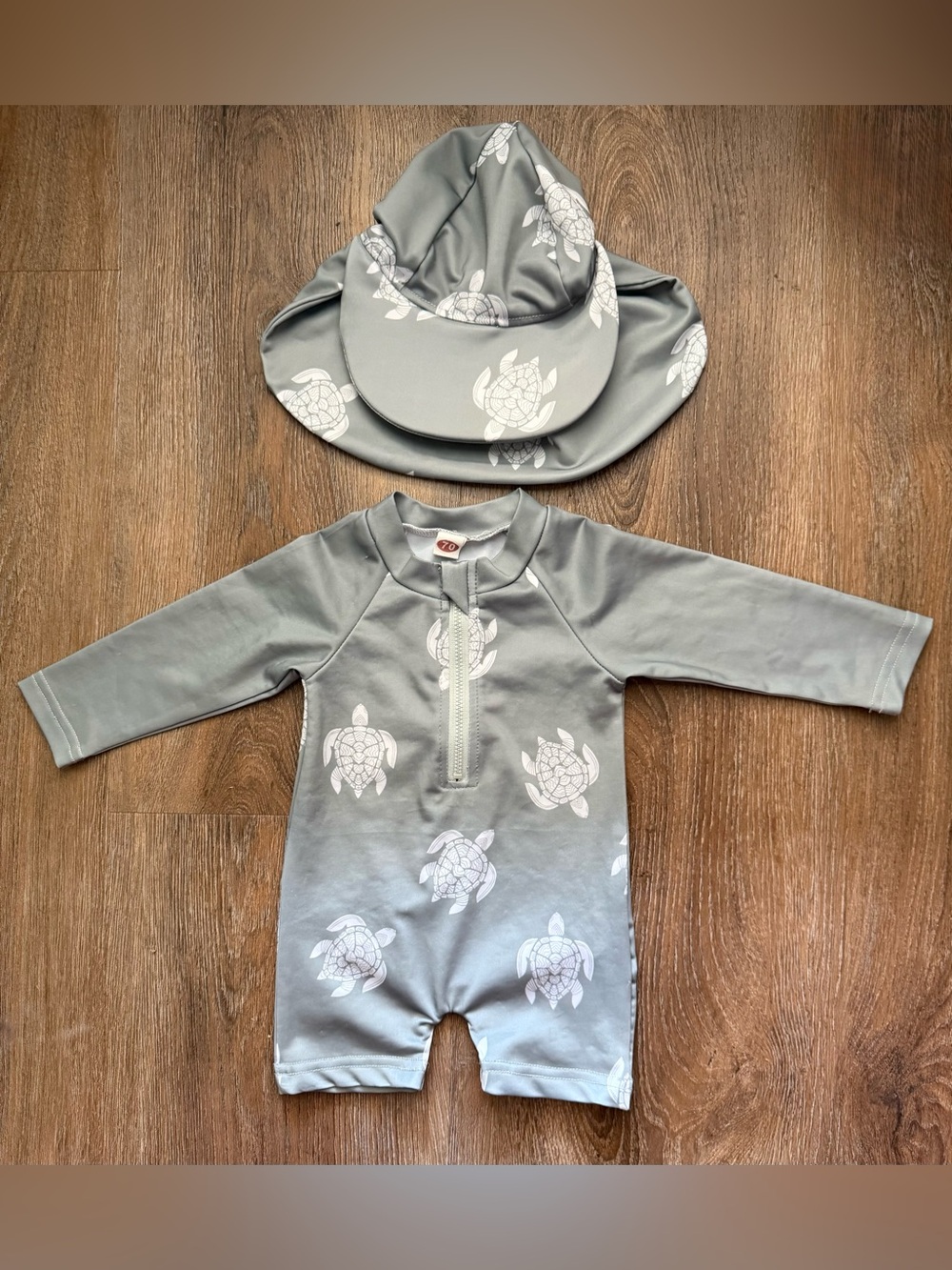 Olive Baby Swimsuit Romper with Turtle Print and Sun Hat